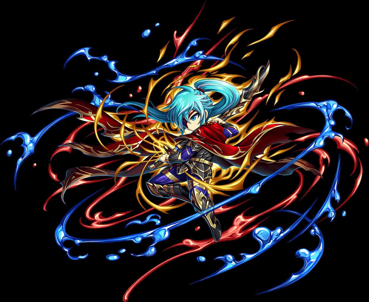 Anime warrior with blue hair surrounded by red gold and blue energy streams. — Frontier PNG