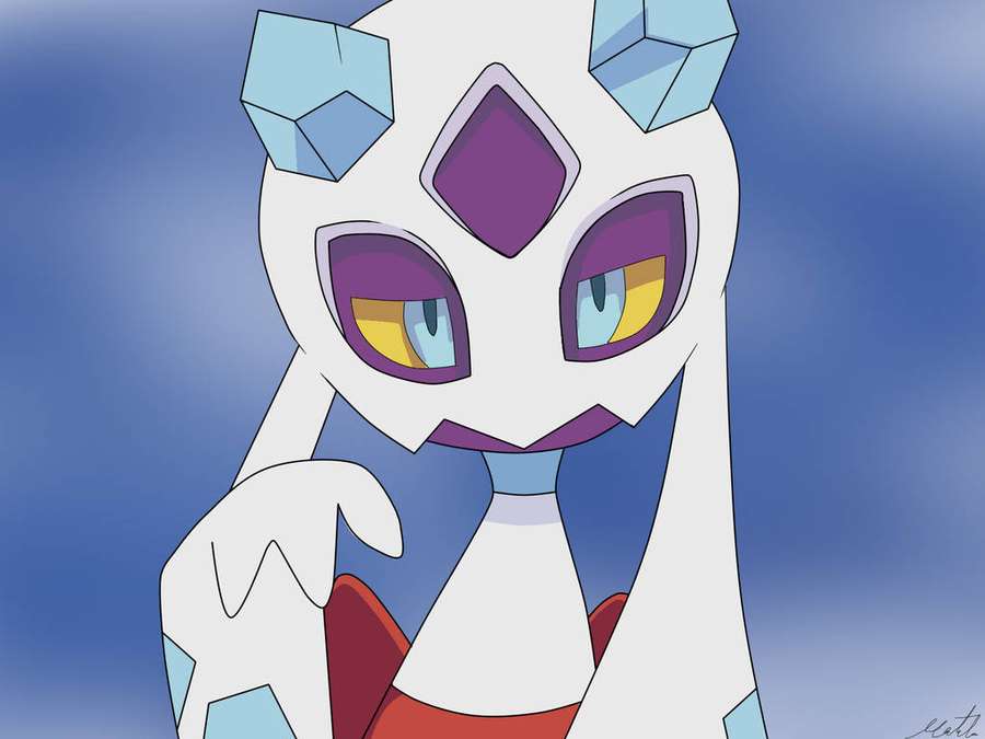 Anime Pokémon Aegislash with crystal horns and intense eyes against a blue background. — Froslass Wallpaper