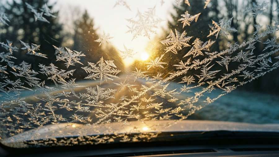 Frost patterns on a car windshield backlit by sunrise, a simple yet beautiful winter detail. — Frostbite Picture