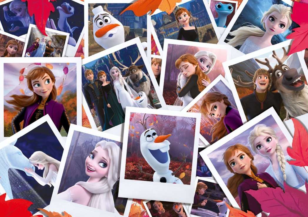 Polaroid photos of Frozen characters surrounded by red autumn leaves. — Frozen 2 Background