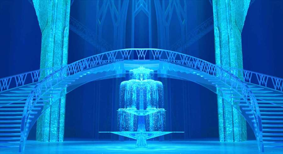 Glowing blue ice fountain with staircases in a frozen theater setting. — Frozen Castle Background