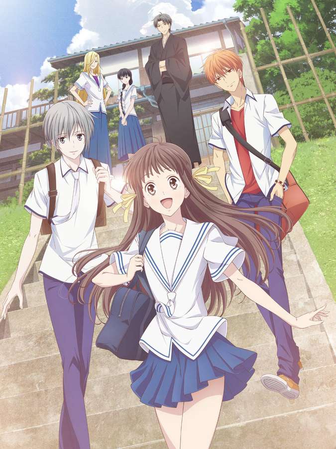 Anime students in sailor uniforms walking down stone steps in a sunny schoolyard. — Fruits Basket Wallpaper
