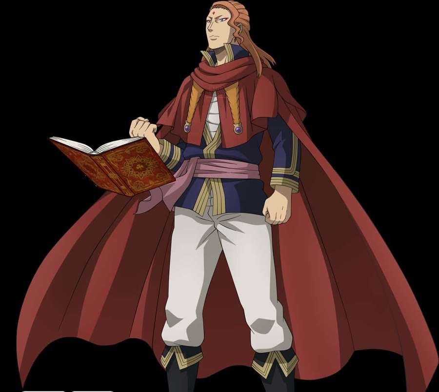 Anime mage in red cape holding ornate book against black background. — Fuegoleon Vermillion Wallpaper