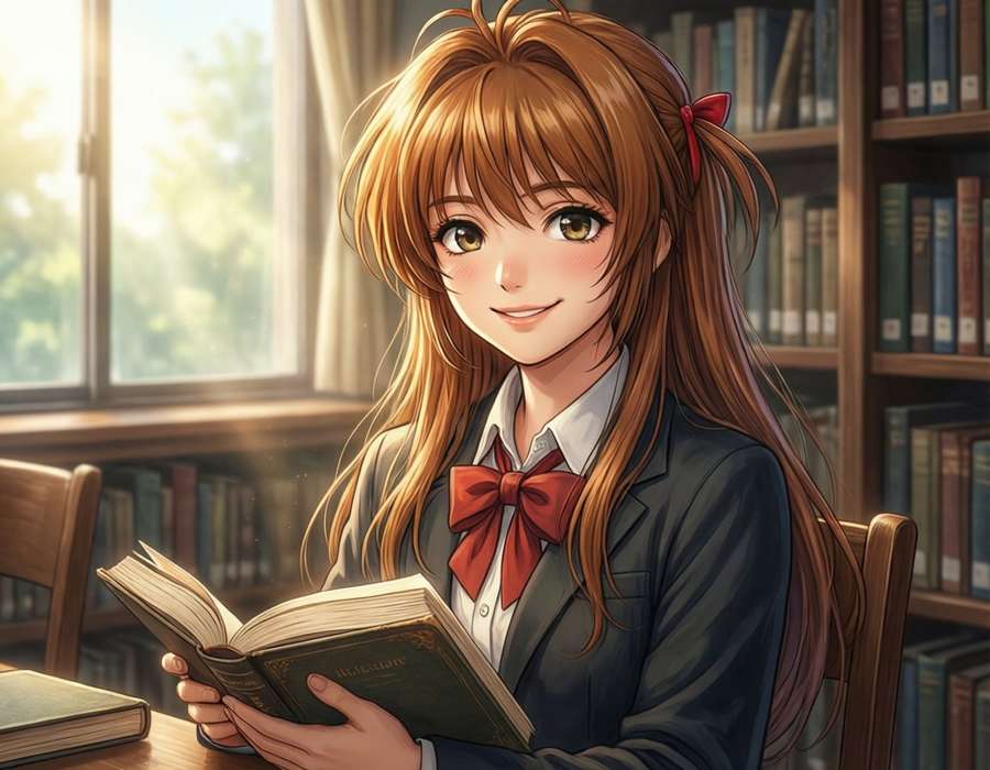 Kaname reading in a sunlit library with a peaceful smile. — Full metal panic Picture
