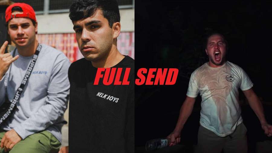 Two men split image one calm one screaming with red text full send. — Full Send Wallpaper