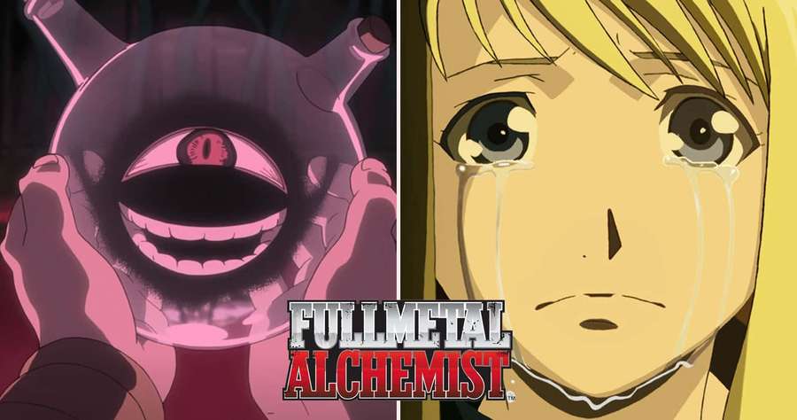 Eine weinende Anime-Figur neben einem pinken einäugigen Monster aus Fullmetal Alchemist. — Fullmetal Alchemist Bilder