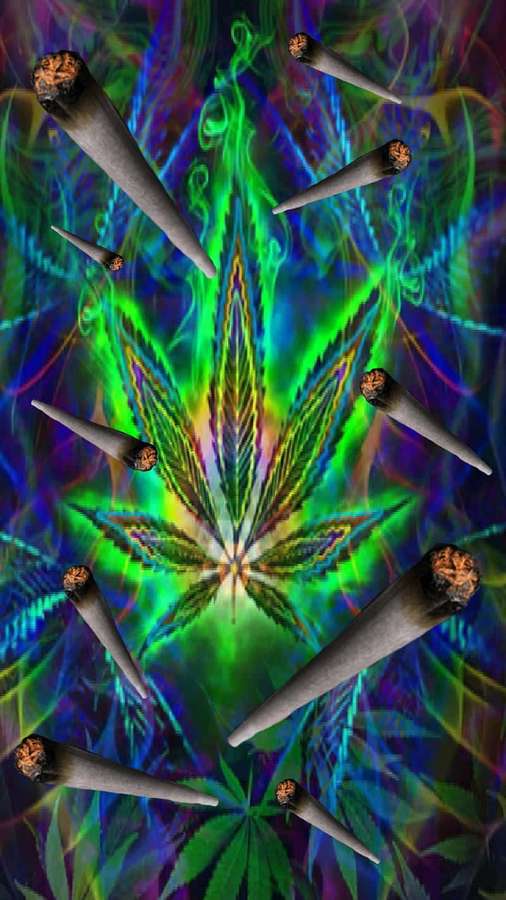 Diseño psicodélico simétrico con hojas de cannabis brillantes y porros flotantes. — Fumar marihuana Fondos de pantalla