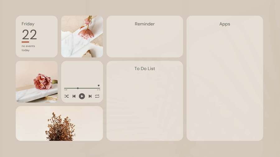 Digital dashboard with calendar to-do list and floral decor in soft beige tones. — Functional Wallpaper