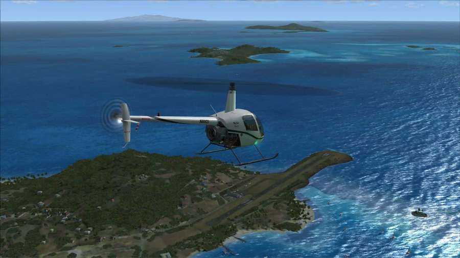 Helicóptero voando baixo sobre uma ilha tropical com pista e águas turquesa. — Fundo de ilhas Papéis de Parede