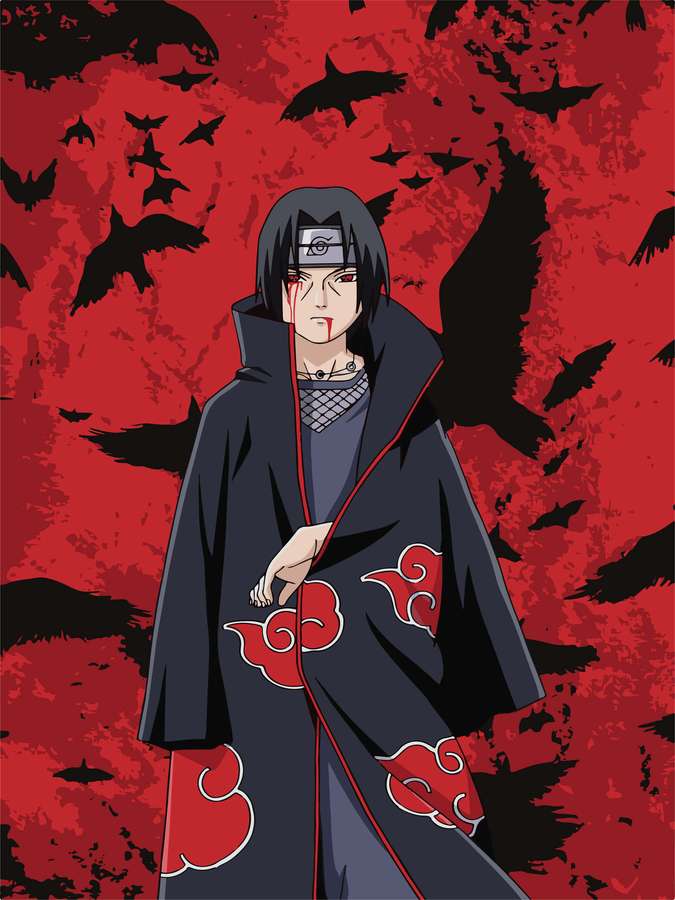 Ninja de anime em capa preta com nuvens vermelhas cercado por morcegos em fundo vermelho. — Fundo de pássaro voador Papéis de Parede