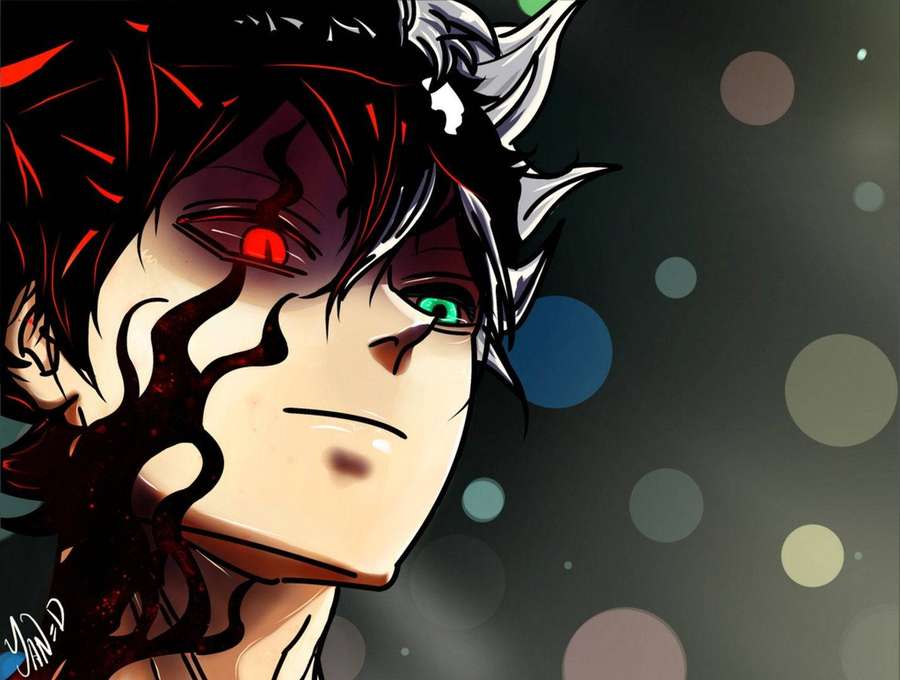 Personagem de anime com olhos vermelhos e verdes e cabelo espetado contra um fundo desfocado. — Fundo de trevo Papéis de Parede