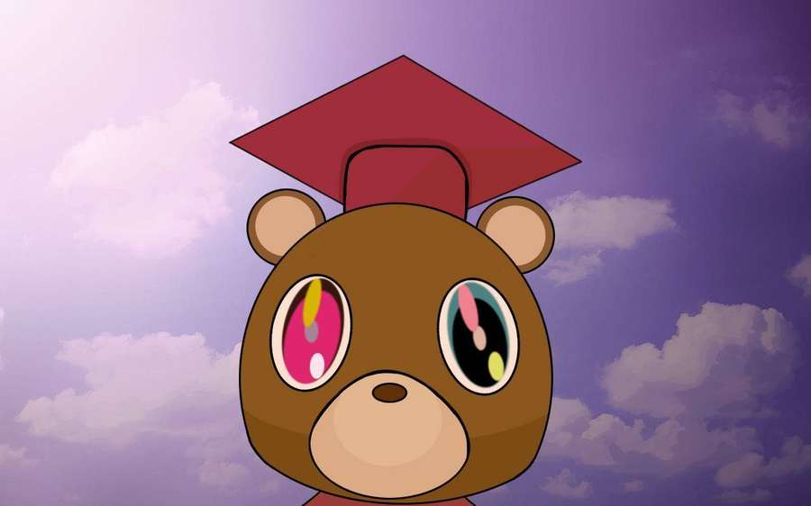 Urso de desenho animado de capelo com olhos coloridos contra céu roxo — Fundo de urso Papéis de Parede