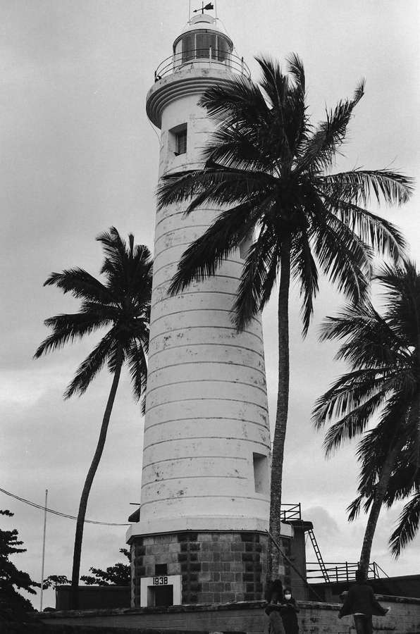 Um farol histórico cercado por palmeiras sob um céu nublado. — Fundo do farol Papéis de Parede