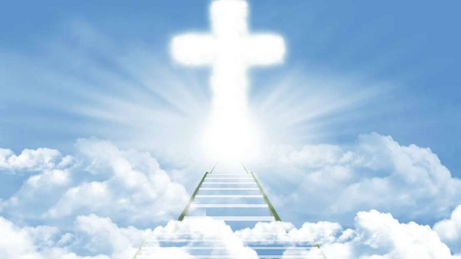 Staircase leading to a glowing cross above clouds in a blue sky. — Funeral Clouds Wallpaper