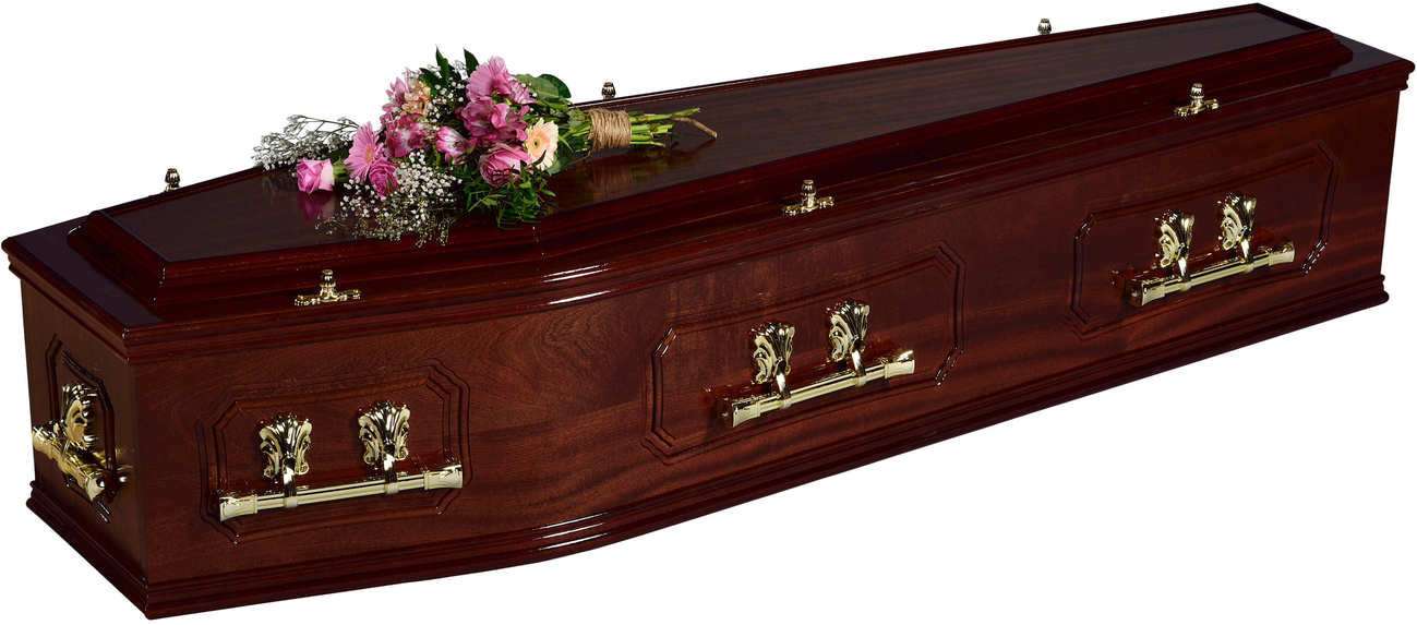 A dark wood coffin with gold handles and pink flowers on top. — Funeral PNG