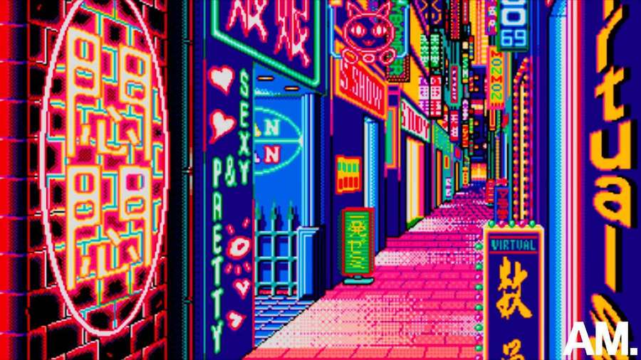 Pixelated neon-lit alley with glowing signs and storefronts at night. — Funk Wallpaper