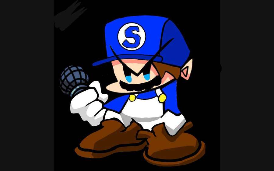 Angry cartoon character with blue cap and mustache holding a microphone. — Funkin Wallpaper