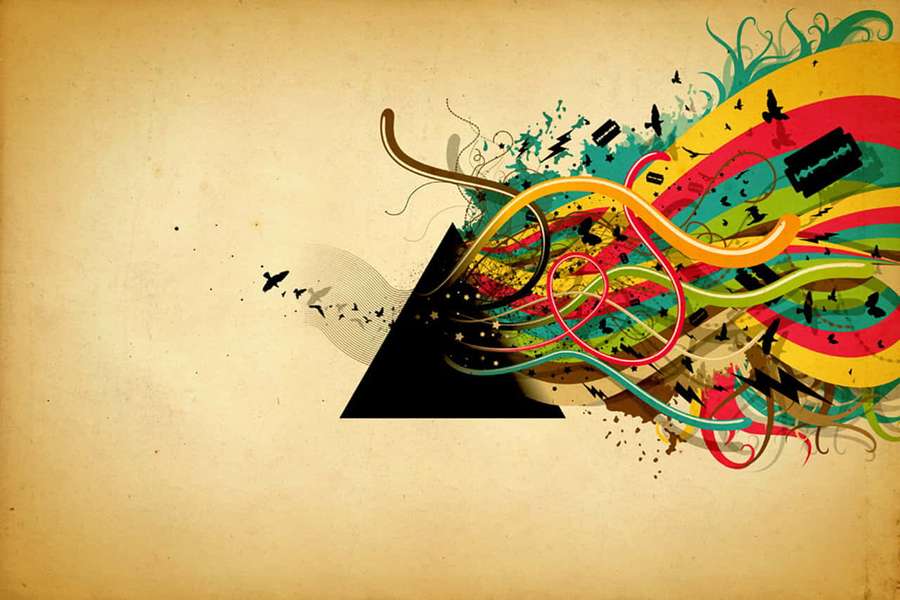 Black triangle exploding with colorful abstract swirls and splatters on beige background. — Funky Background