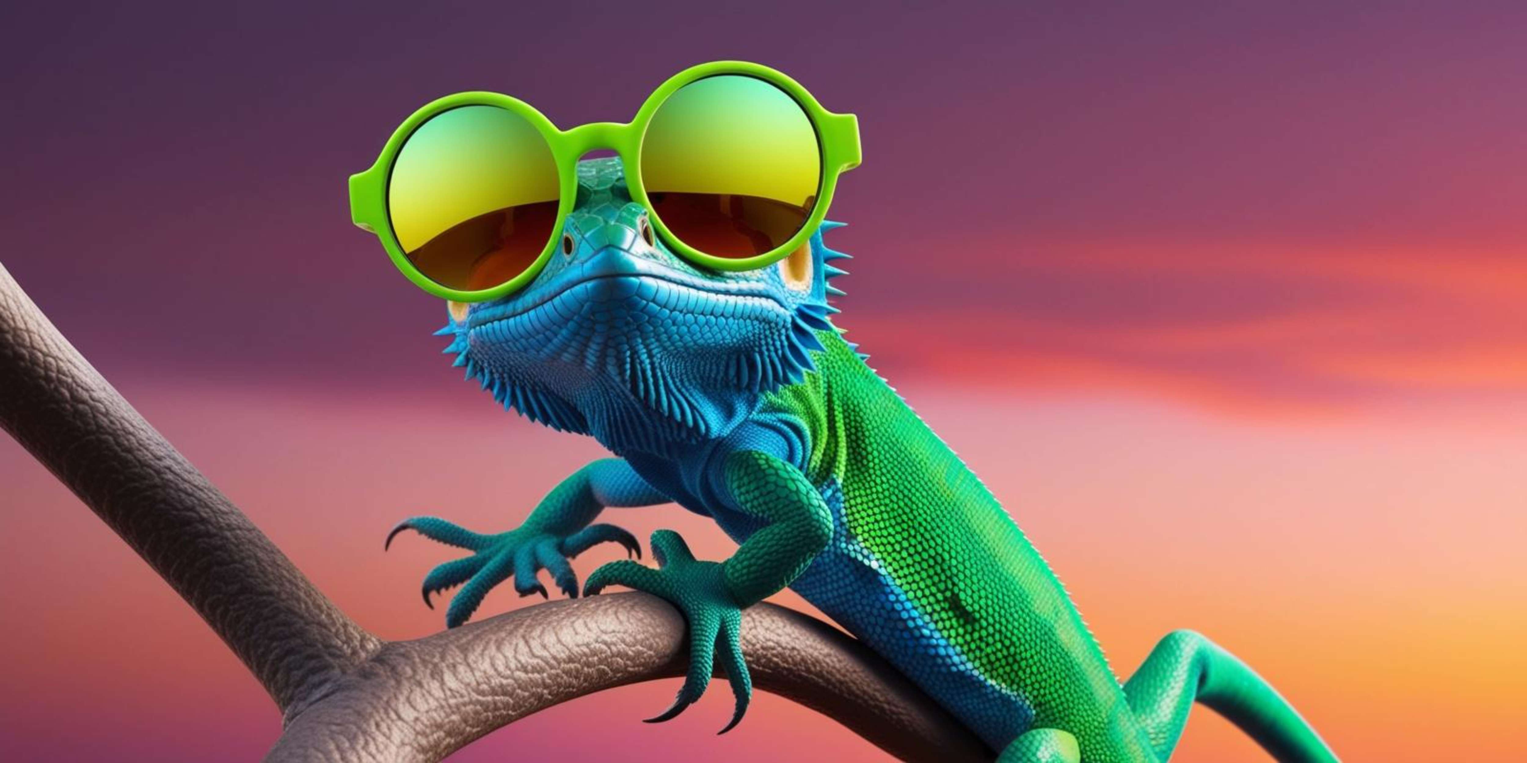 A bearded dragon in green sunglasses lounging on a branch at sunset. — Funny animal Background