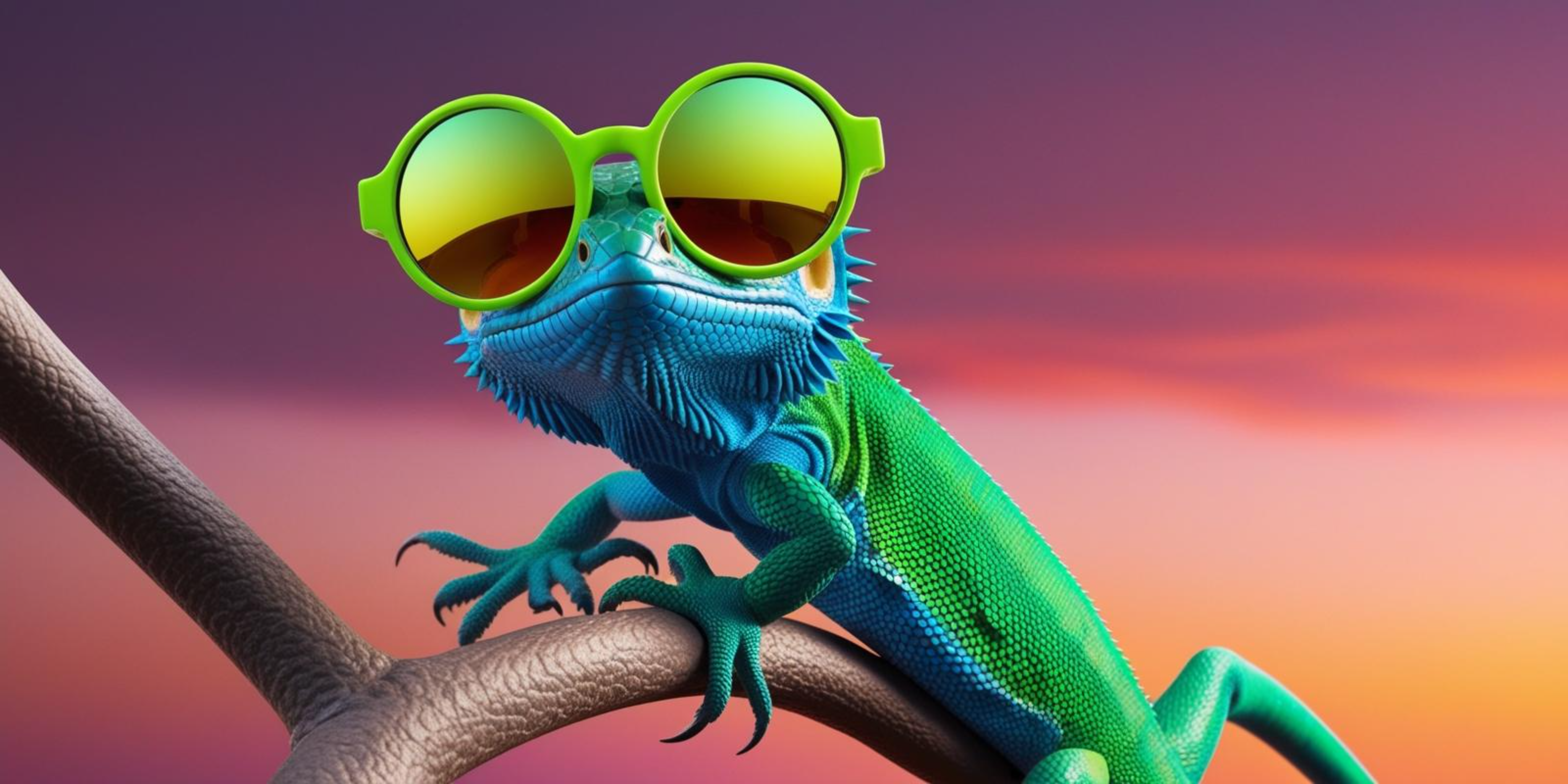 A bearded dragon in green sunglasses lounging on a branch at sunset. — Funny animal Wallpaper