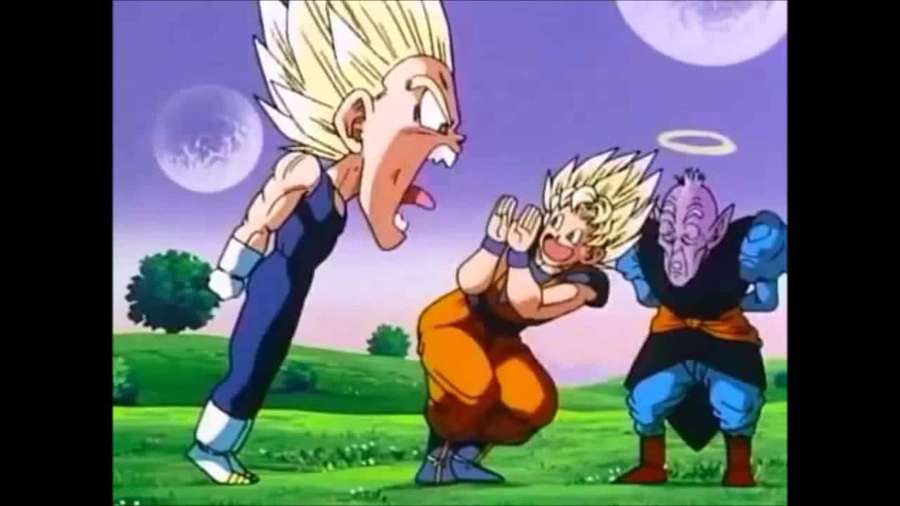 Three anime characters in a grassy field under a purple sky with moons one shouts while another crouches and a third looks on. — Funny Goku Wallpaper