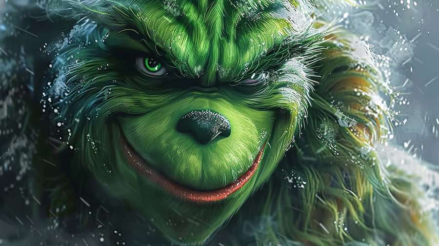 The Grinch grins mischievously in falling snow. — Funny Grinch Wallpaper