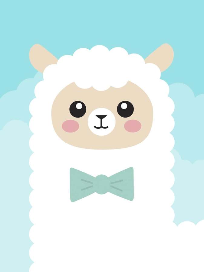 En tecknad alpacka som bär en fluga mot en blå himmel med moln. — Funny Llama Bilder