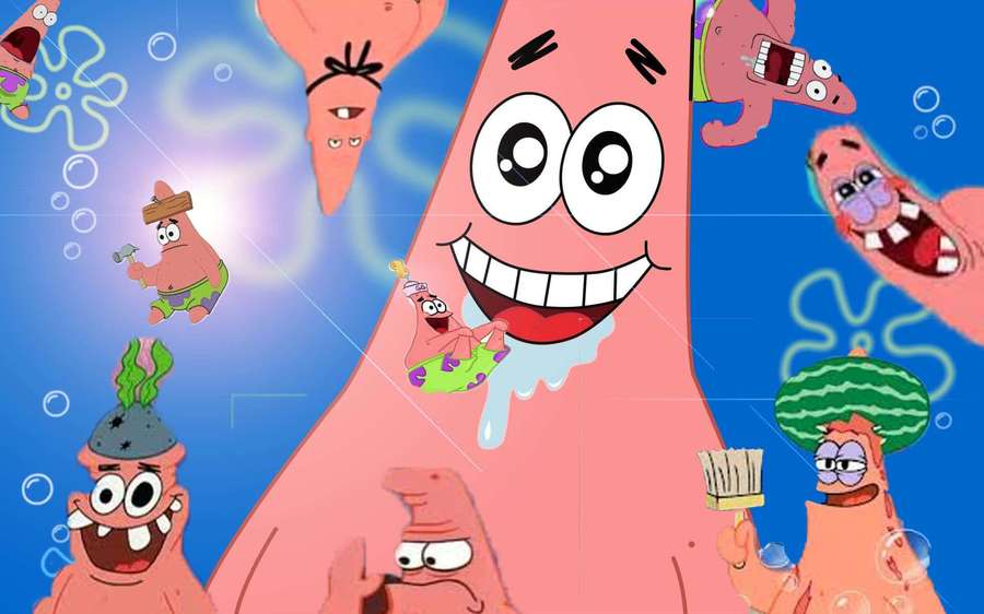 Patrick Star cartoon character in various funny poses underwater with bubbles. — Funny Patrick Picture