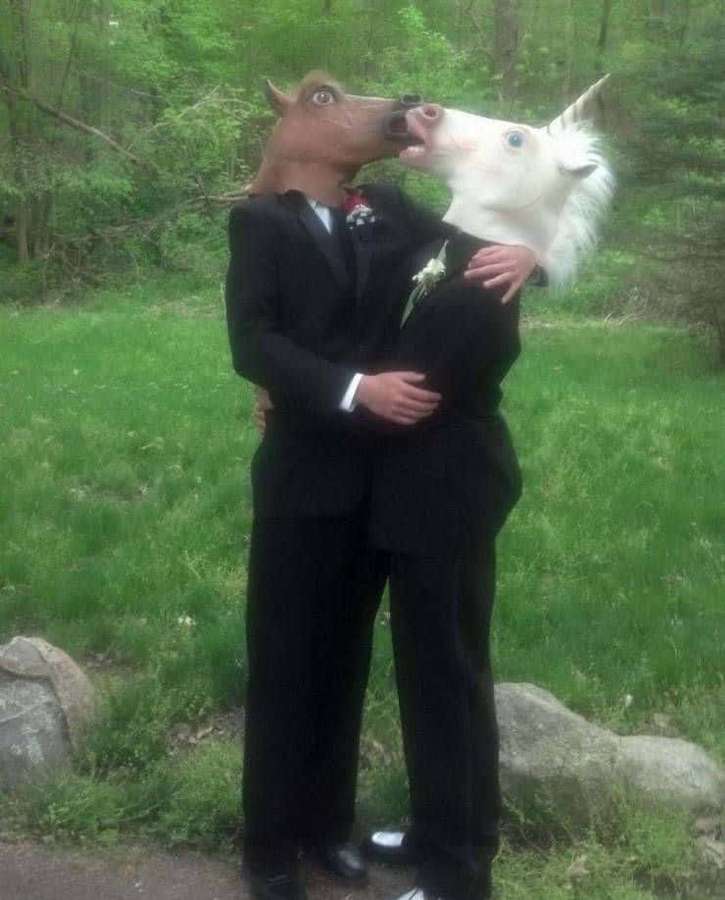Two people in suits wearing horse and unicorn masks hugging in a grassy forest. — Funny Random Picture