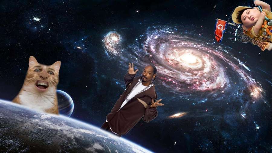 Snoop Dogg a cat and a figure with a North Korean flag float in space above Earth. — Funny Space Wallpaper