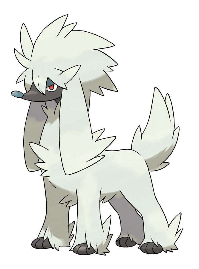 Ein weiß-grauer wolfsähnlicher Pokémon mit roten Augen, aufrecht stehend. — Furfrou Wallpaper