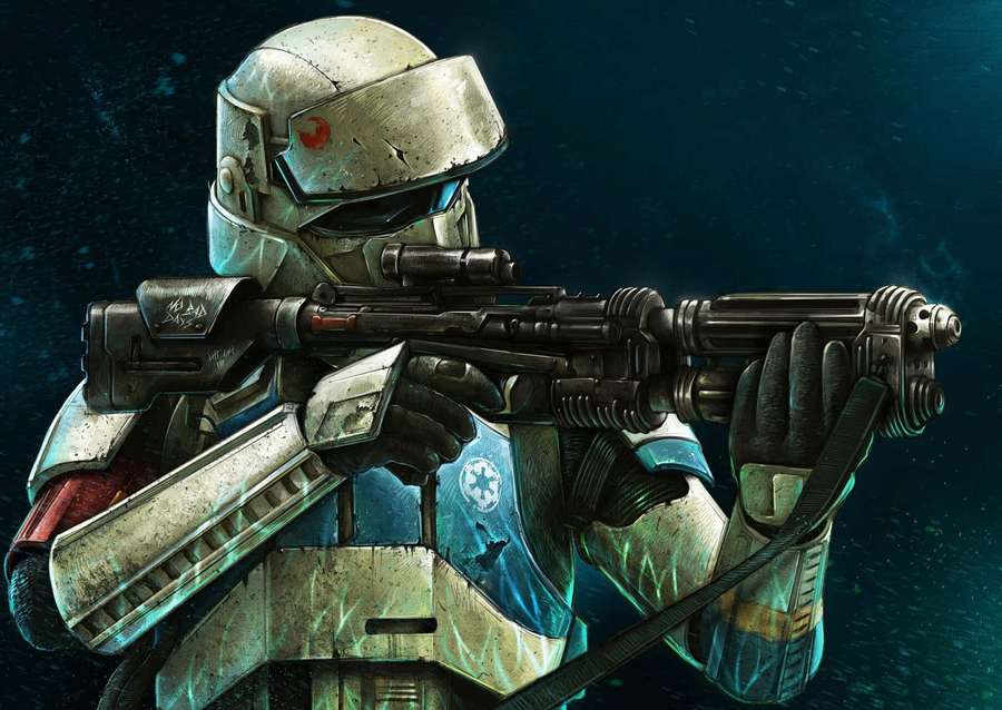 Soldado clon en equipo de batalla apuntando un bláster en el espacio. — Fusiles Blaster Fondos de pantalla