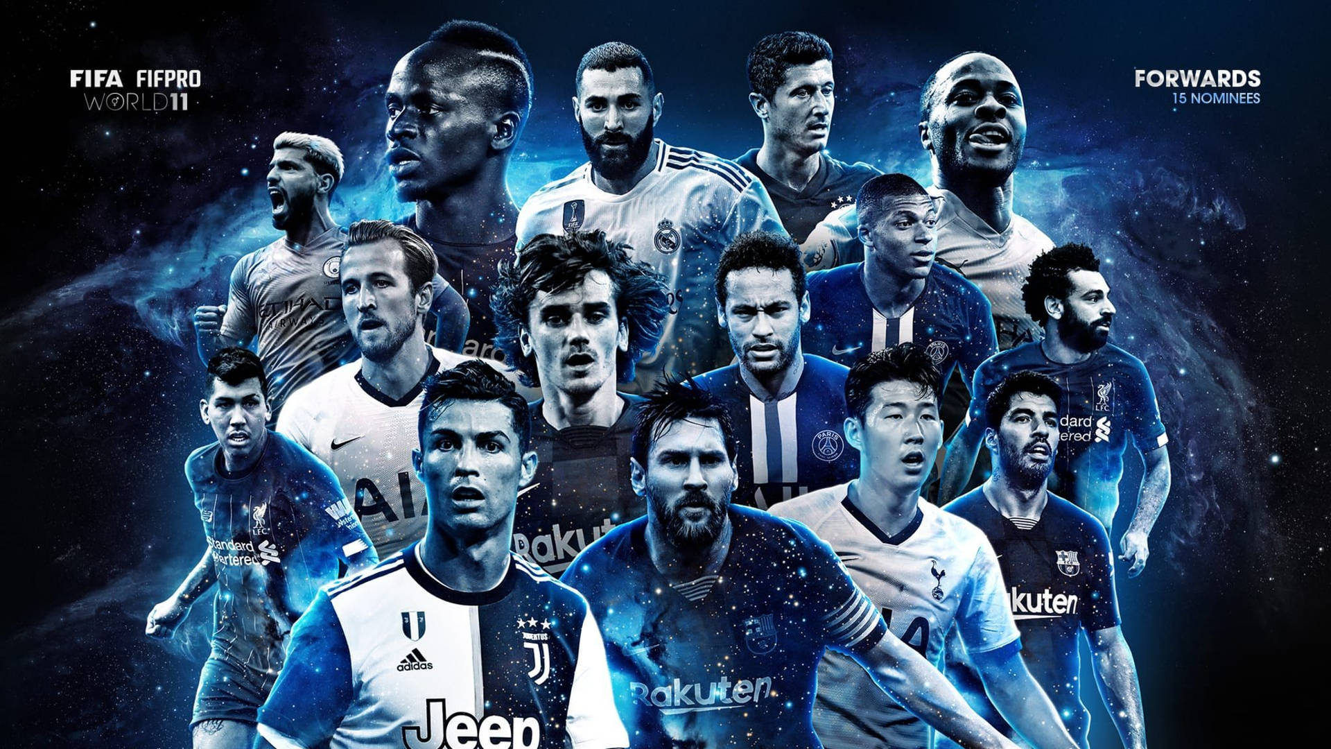FIFA FIFPRO World 11 Stürmer-Nominierte in Teamtrikots vor einem sternenkosmischen Hintergrund. — Fußball Wallpaper