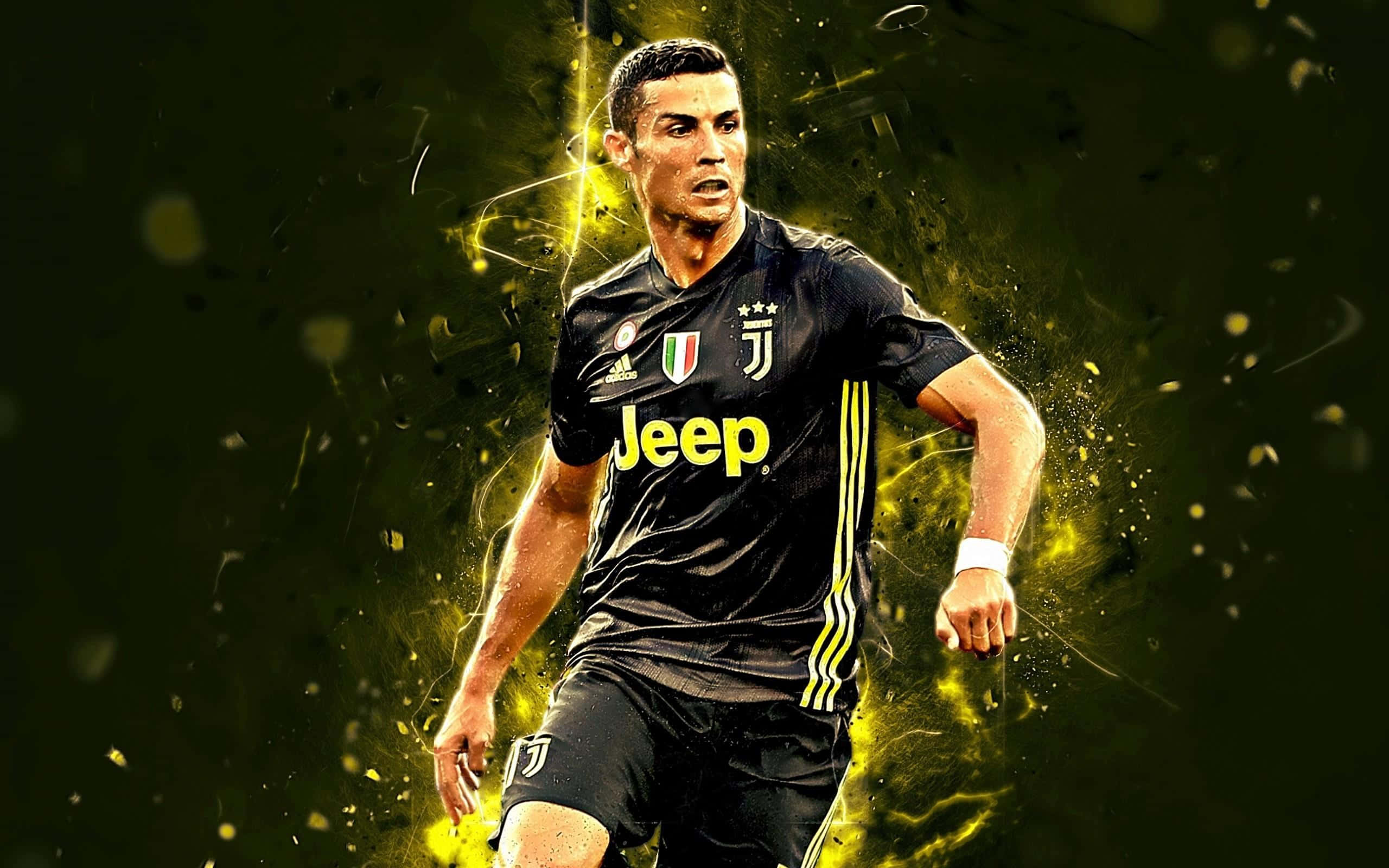 Cristiano Ronaldo im Juventus-Fußballtrikot rennt mit leuchtenden gelben Effekten. — Fußballspieler Wallpaper