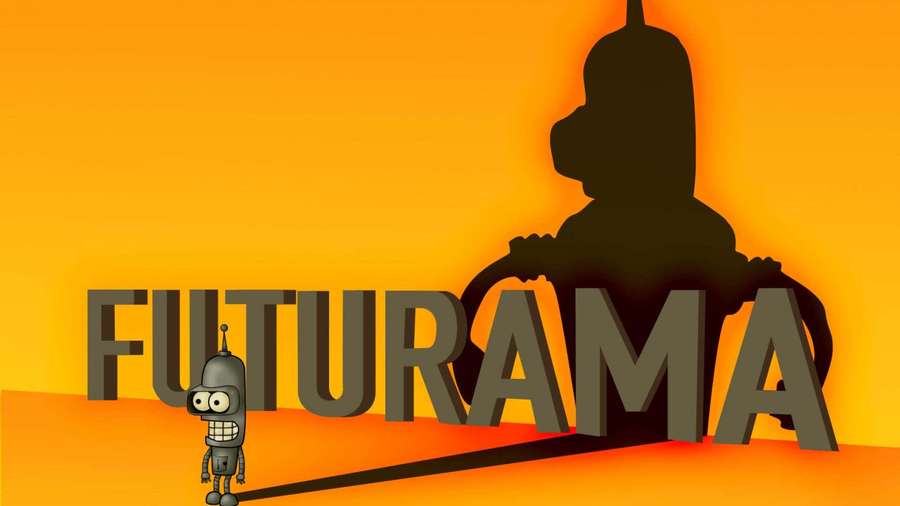 Small robot standing before giant robot shadow with Futurama text on orange background. — Futurama Background