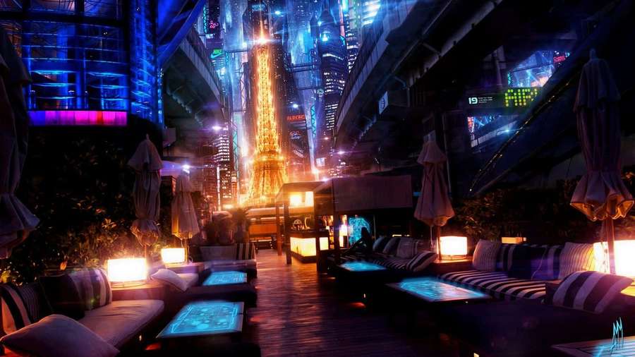 Futuristic city night scene with glowing skyscrapers and outdoor seating. — Future Background
