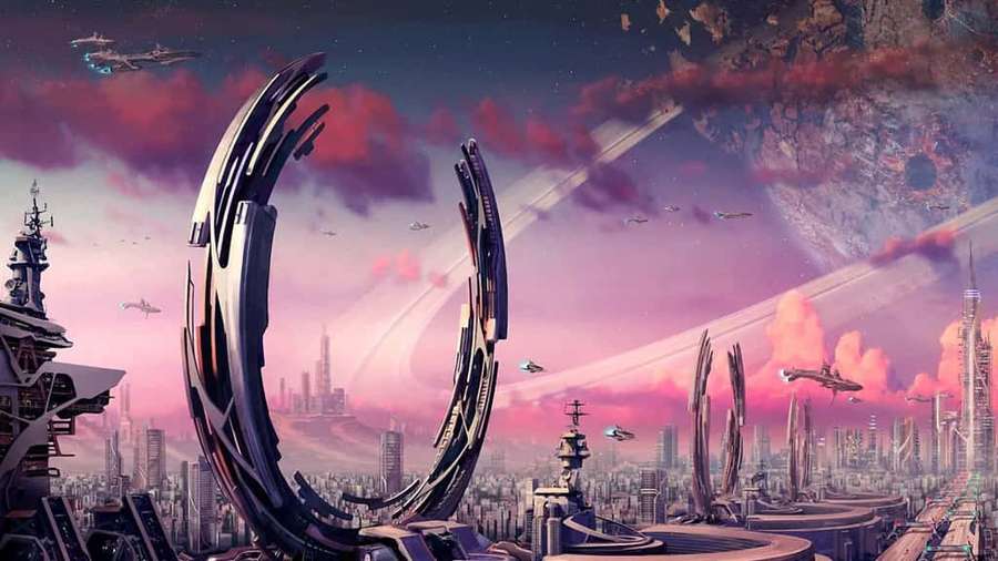 Futuristic city with flying vehicles and giant metallic rings under a pink sunset sky. — Future City Wallpaper