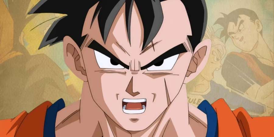 Angry anime warrior with spiky black hair in orange and blue outfit. — Future Gohan Wallpaper