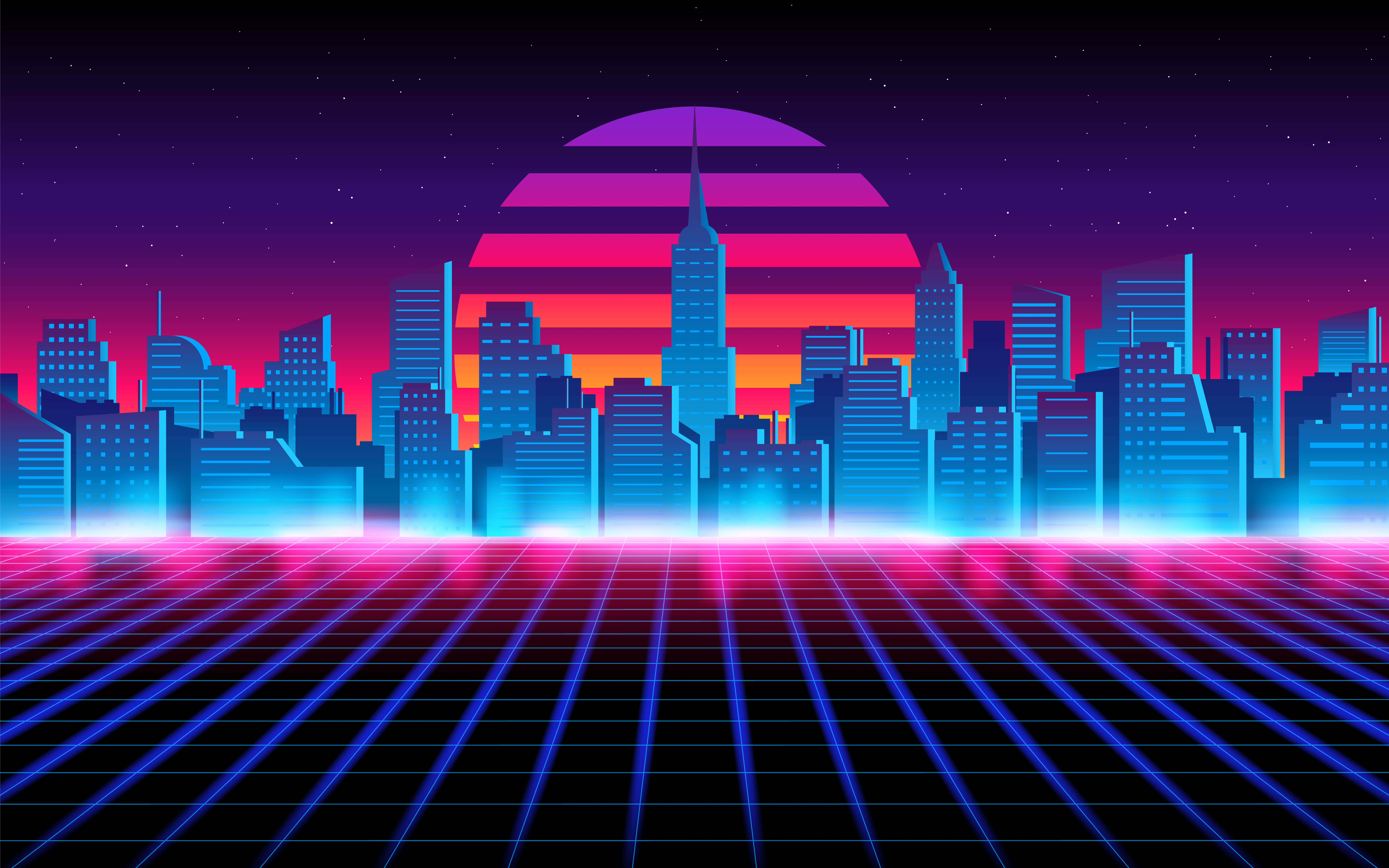 Neon city skyline with glowing grid floor under a striped sunset. — Futuristic City Background