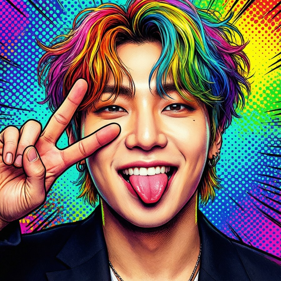 G-Dragon with rainbow hair in pop art style, peace sign. — G-dragon Background