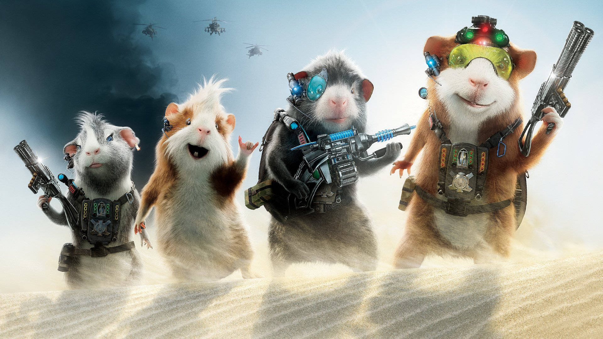 Four guinea pigs in sci-fi gear holding weapons in a desert battlefield. — G Force Background