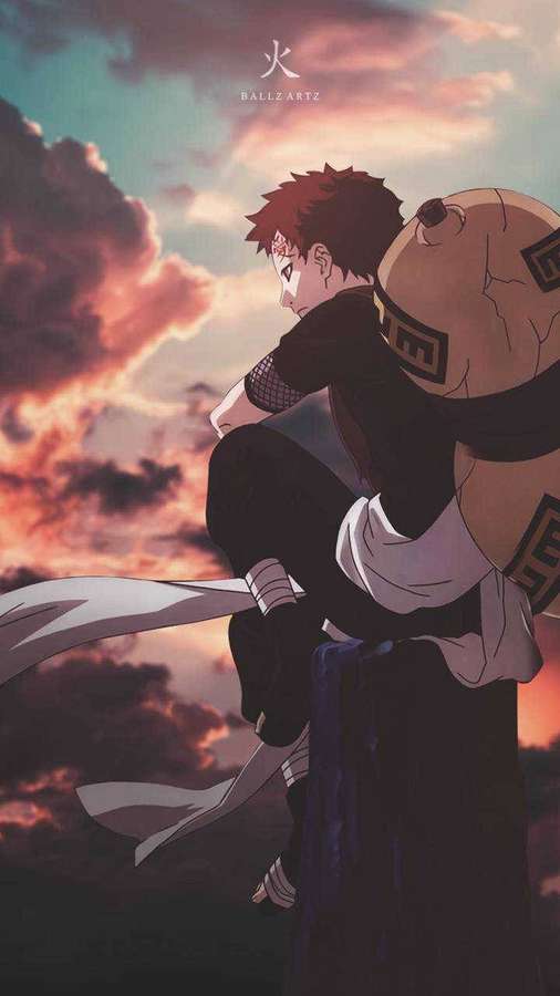 Anime-Figur mit roten Haaren reitet auf einer riesigen Schriftrolle bei Sonnenuntergang. — Gaara iPhone Wallpaper