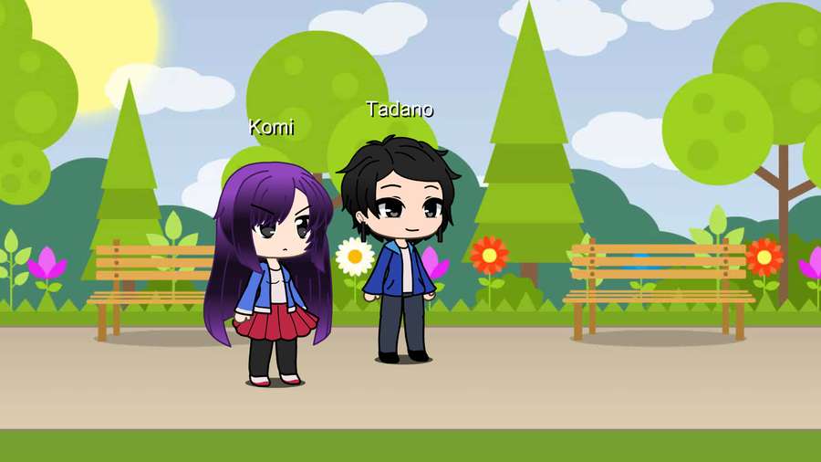 Two chibi anime characters standing in a sunny park with trees and flowers. — Gacha Background