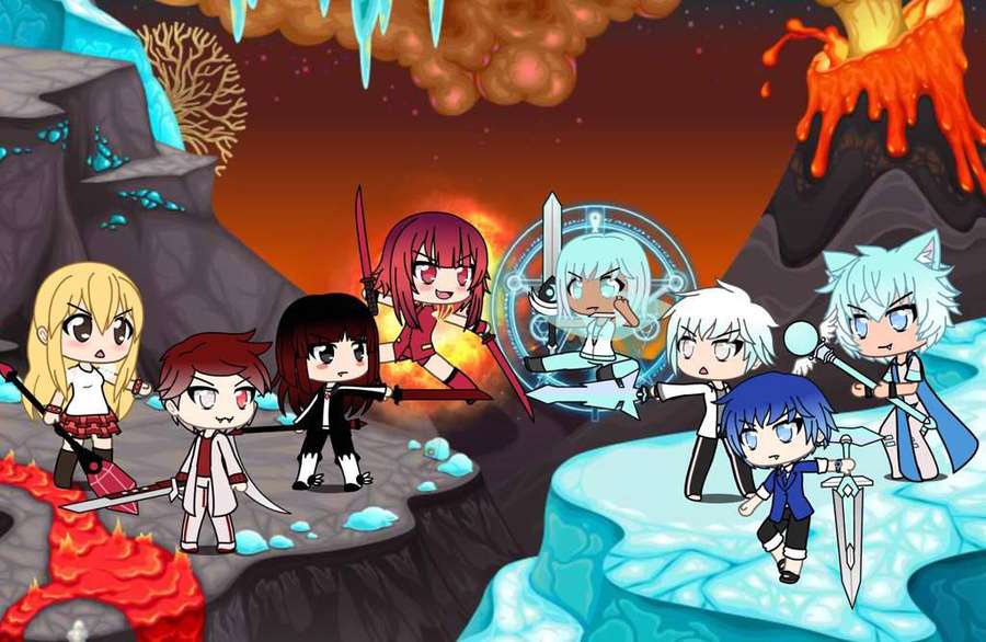 Anime-Chibi-Krieger treffen auf einer Vulkaninsel mit Lava und Eis aufeinander. — Gacha Bilder