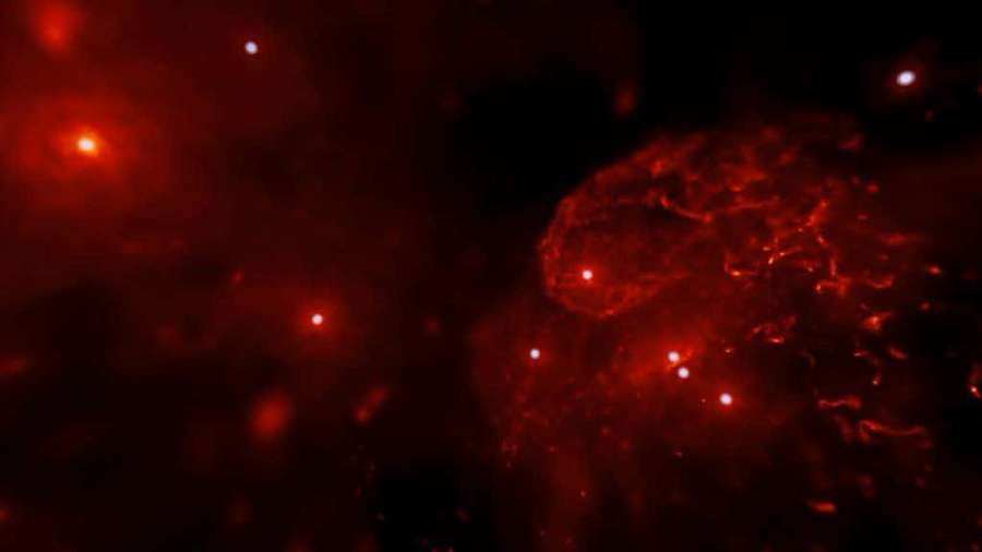 Red glowing nebula with bright stars in deep space — Galactic Center Wallpaper