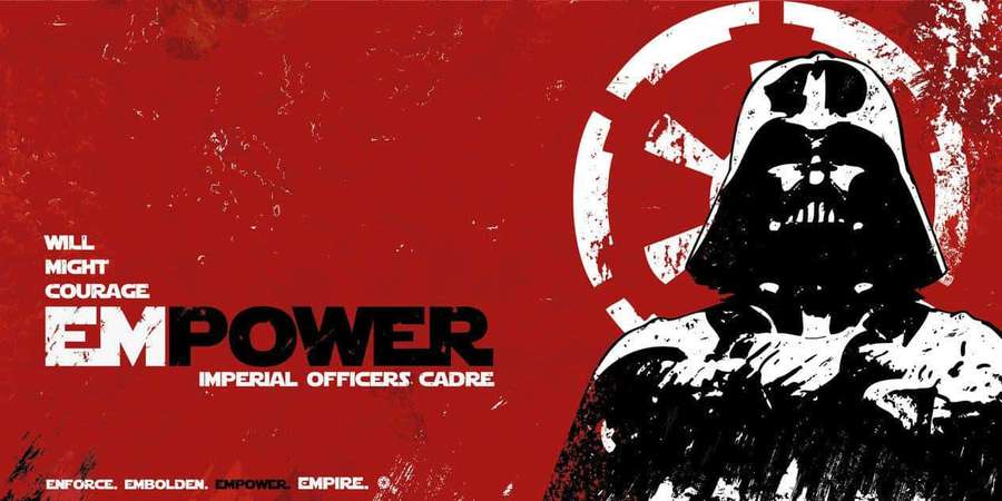 Darth Vader in black armor with Imperial emblem and empowering text on red background. — Galactic Empire Wallpaper