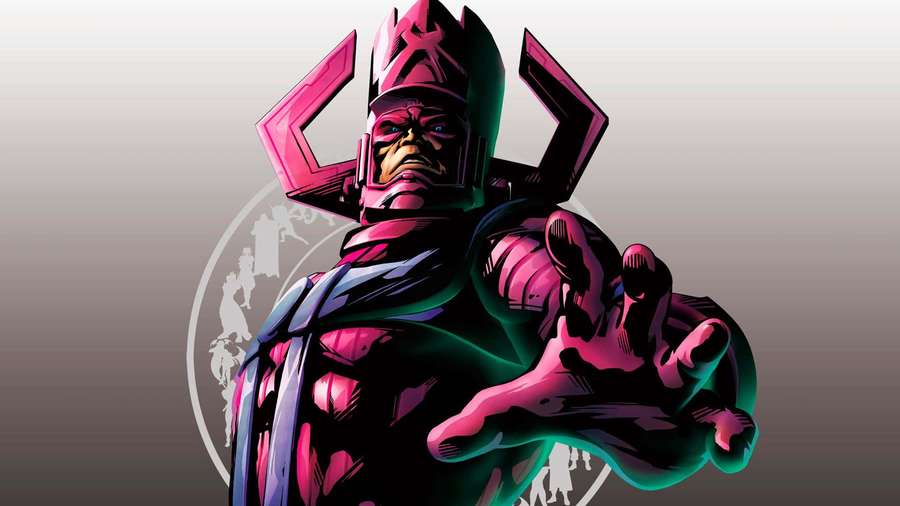 A comic book villain in pink and teal armor extends a gloved hand. — Galactus Wallpaper