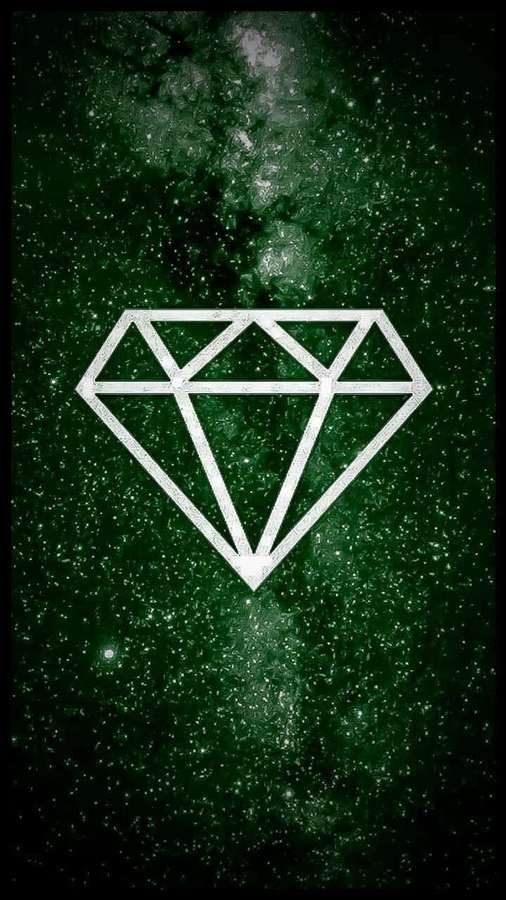 White diamond outline on green starry space background — Galaxy Diamond Wallpaper