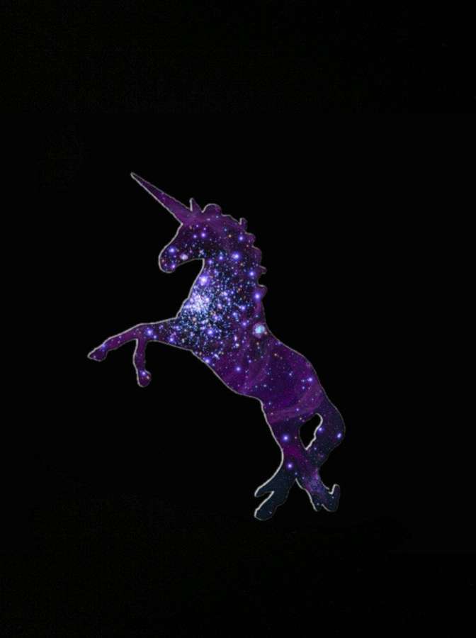 Eine leuchtende, galaxiegefüllte Einhorn-Silhouette, die gegen einen schwarzen Hintergrund springt. — Galaxy Einhorn Wallpaper