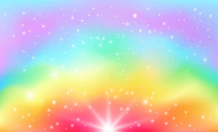 Vibrant rainbow sky with sparkling stars and a glowing sunburst. — Galaxy Rainbow Background